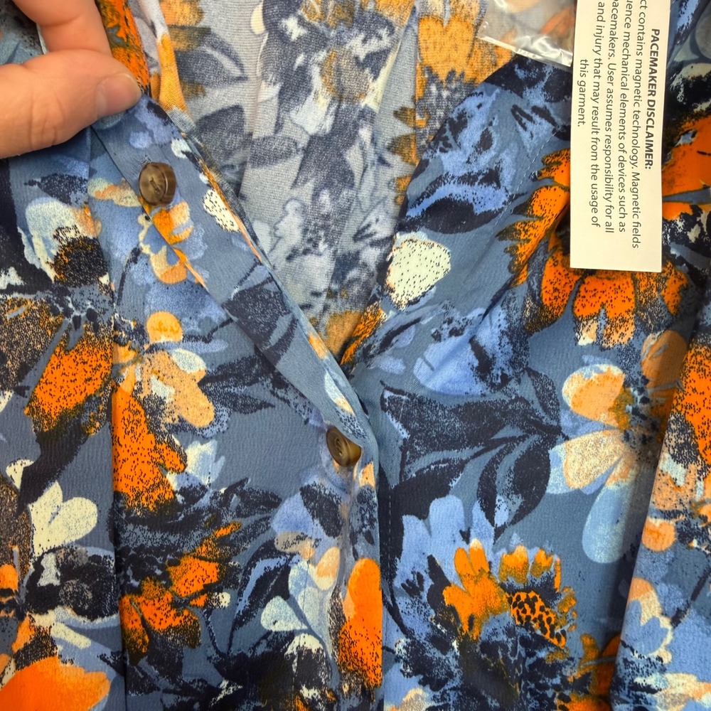 Denim & Co. Adaptive Floral Printed Blouse Neck Tie Detail 2X NEW Blue Orange - Picture 7 of 12